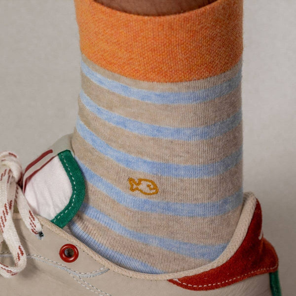 Calze in cotone righe larghe azzurro banda arancio - Heather beige