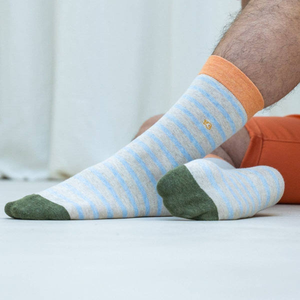 Calze in cotone righe larghe azzurro banda arancio - Heather beige