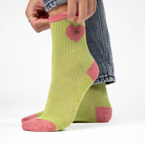 Calzini cuore | Verde oliva e rosa