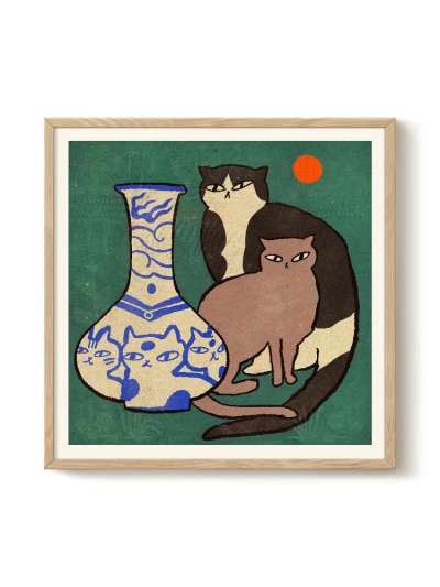 Enikö Eged - Blue vase with Cats 50x50 cm | Poster