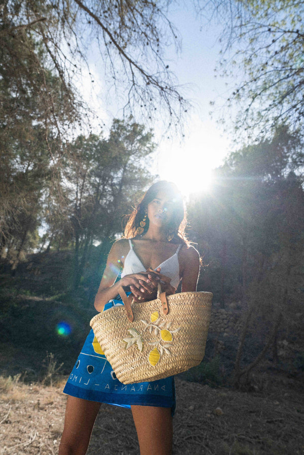 CESTINO IN VIMINI RICAMATO GIALLO LIMONE
