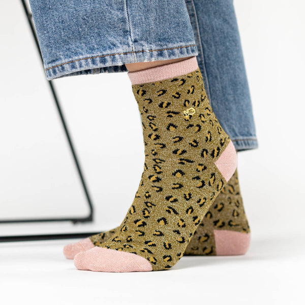 Calzini leopardati con paillettes | Verde oliva