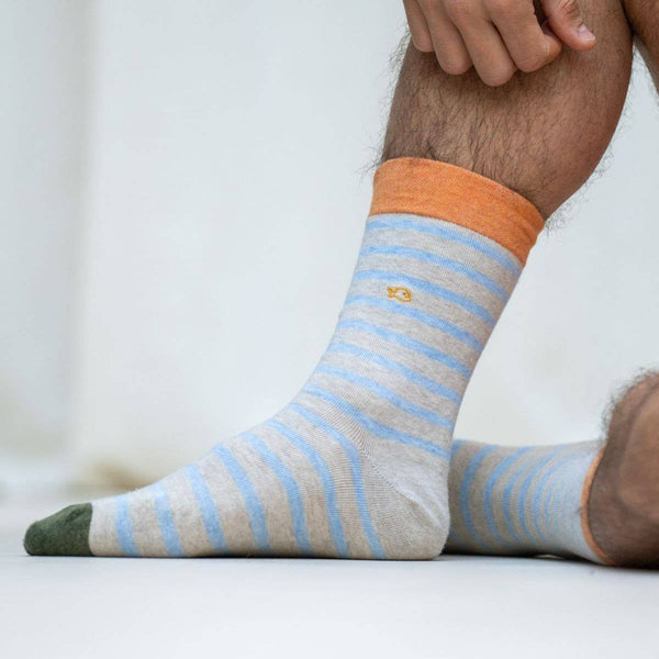 Calze in cotone righe larghe azzurro banda arancio - Heather beige