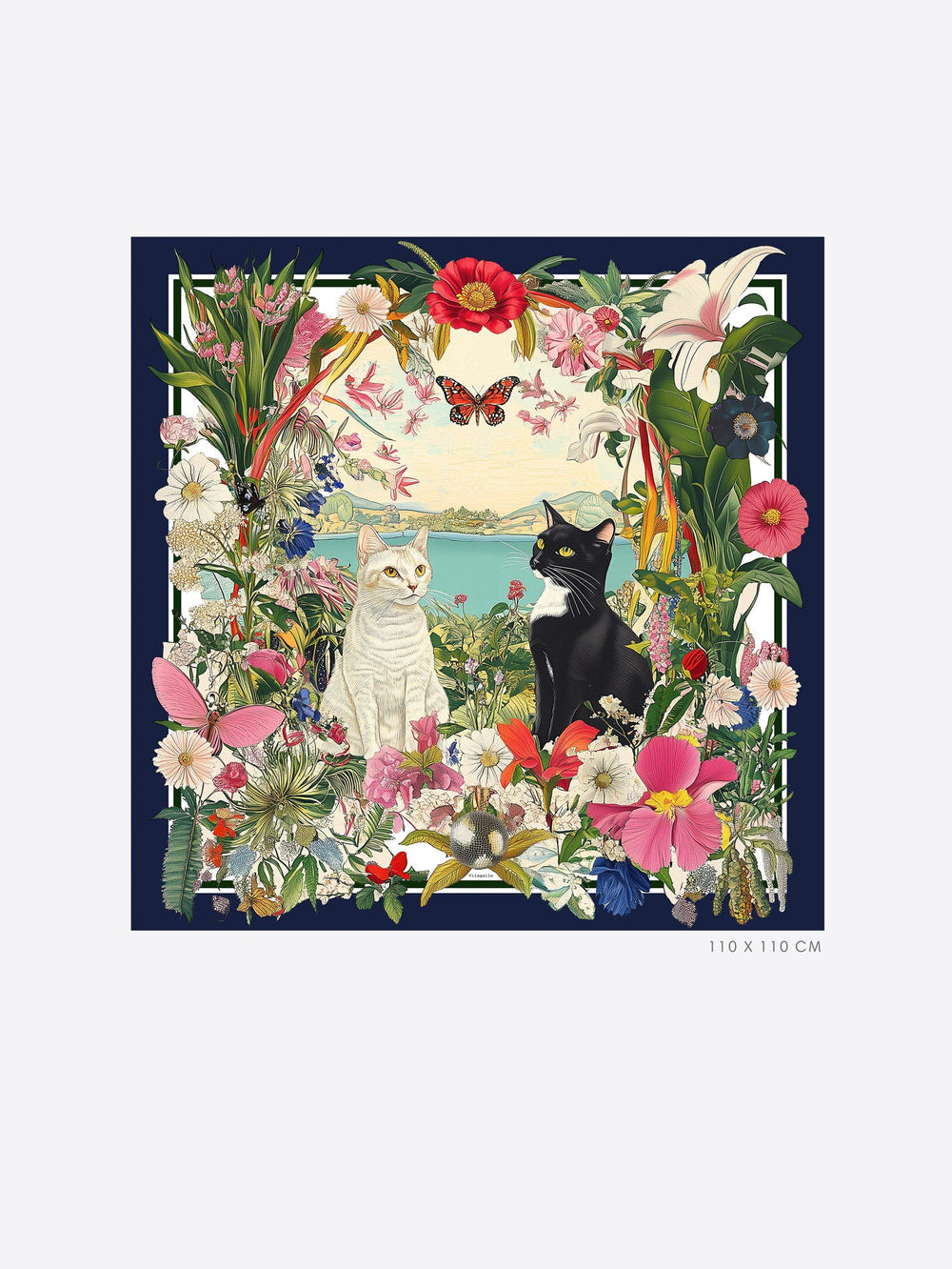 Foulard in Seta con Gatti e Fiori